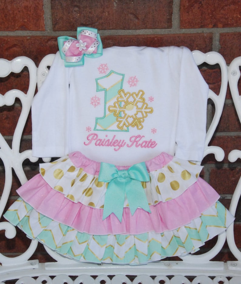 and hair bow pink stripe leg warmers Winter ONEderland--Baby Girl First Birthday Outfit in mint Snowflake applique top pink and gold