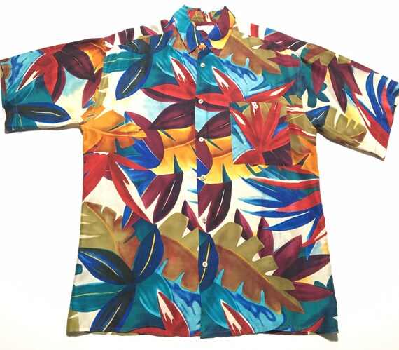 Vtg. 80s Colorful Palm Leaf Print Silk Shirt