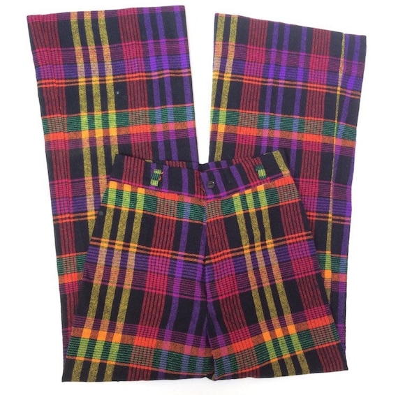 70s Colorful Plaid Wide Leg Flare Vintage Pants