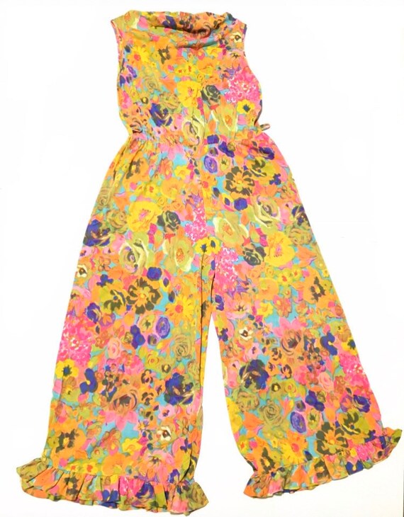 Vtg. 70s Floral Psychedelic Boho Sleeveless Jumpsu