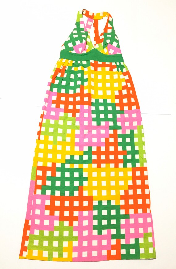 Vtg. 70s Malia Honolulu Rainbow Checkered Hawaiian