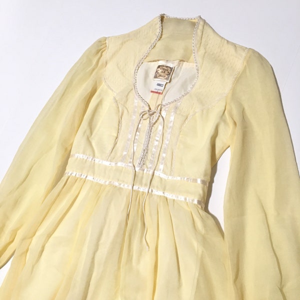 Vtg. 70s Gunne Sax Jessica McClintock Dress Yellow Prairie Victorian Cowgirl Boho Size 7