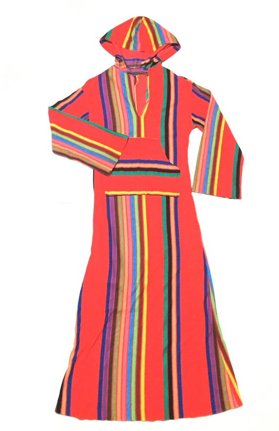 Vtg. 60s Rainbow Striped Hooded Robe Maxi Dress