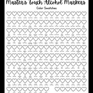 Puede incluir: Una tabla de muestras de color para los rotuladores de alcohol Master's Touch de Hobby Lobby. La tabla blanca presenta filas de formas de corazón, cada una rellena con un color diferente. La tabla incluye nombres y números de colores, con un borde negro.
