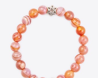 8mm Rare Natural Gemstone Bracelet with Silver 925 Flower Bead - Salmon Rhodochrosite, Madagascar Rose Quartz, Aquamarine, Blue Lace Agate
