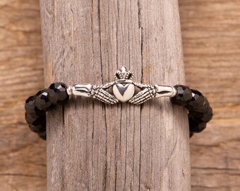 Sterling Silver Claddagh Skeleton Bracelet with Natural Black Spinel Beads – Gothic Celtic Jewelry, Adjustable Chain