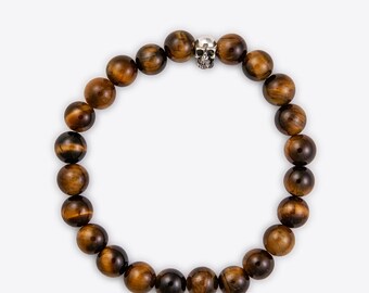 Men's 8mm Gemstone Sterling Silver Double Sided Skull Bracelet- Tiger's Eye, Botswana Agate, Brown Eye Agate Unisex Elastic Bead Jewelry