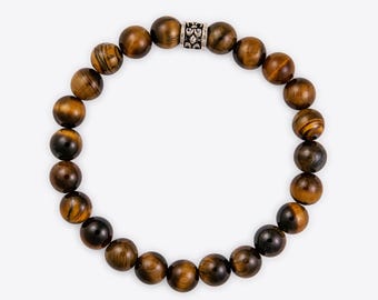 Men's 8mm Gemstone Bracelet Sterling Silver Fleur de Lis Tube -Tigers Eye, Botswana Agate, Brown Eye Agate- Unisex Elastic Bead Jewelry Gift