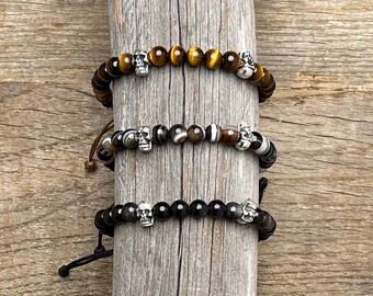 Rare Stone Bead Bracelet with Sterling Silver 925 Skull – Adjustable, Choose Eye Agate, Tigers Eye, or Golden Sheen Obsidian