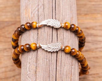 Matching Wing Bracelet Set for Couples or Friends – Sterling Silver 925 Left & Right Wing, Natural Stone Beads, Adjustable