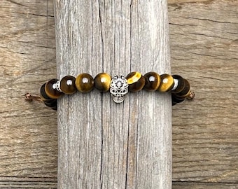Men's Tiger Eye Stone Bracelet: Skull Bead Sterling Silver 925 Design