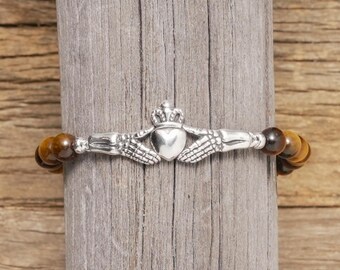 Claddagh Skeleton Hands Bead Bracelet: Tiger's Eye & Amazonite