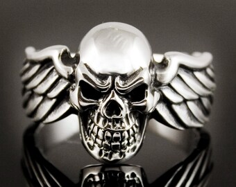 Winged Skull Ring Sterling Silver 925 Biker Gothic Jewelry Unisex Ring Size 6 -15