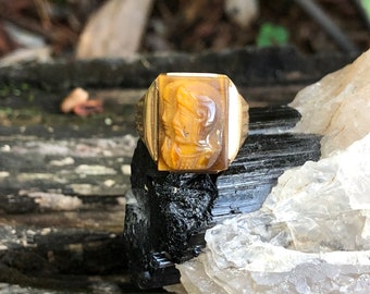 Vintage 10k Art Deco Carved Tiger's Eye Double Face ring sz. 7 1/4