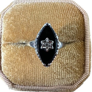 Vintage Onyx Diamond Star Ring: 10k White Gold, Retro 1940s Jewelry, Size 7