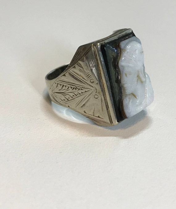 Black and White Carved Roman Onyx Ring-1930's Ant… - image 5