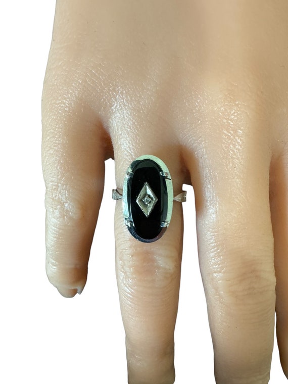 Genuine Onyx & Diamond Ring - Vintage 10k White G… - image 8