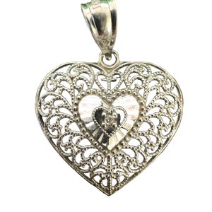Vintage 10k White Gold - Michael Anthony - Filigree Heart & Diamond Charm Pendant - 1980s - Fine Statement Jewelry