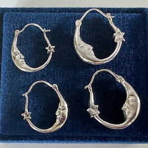 Crescent Moon and Star Hoop earrings SOLID 925 Sterling Silver *Original Antique Vintage New* Moon & Star Celestial Hoop Earrings