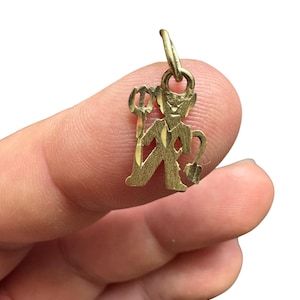 Teufel Anhänger - Vintage 14k Gold - Circa 1980s - Dämon Teufel mit Heugabel Charm Anhänger - Feiner Statement Schmuck