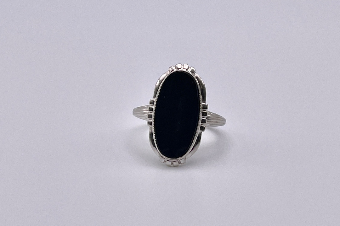Genuine Onyx Ring Retro 10k White Gold Genuine Oval Cut Black