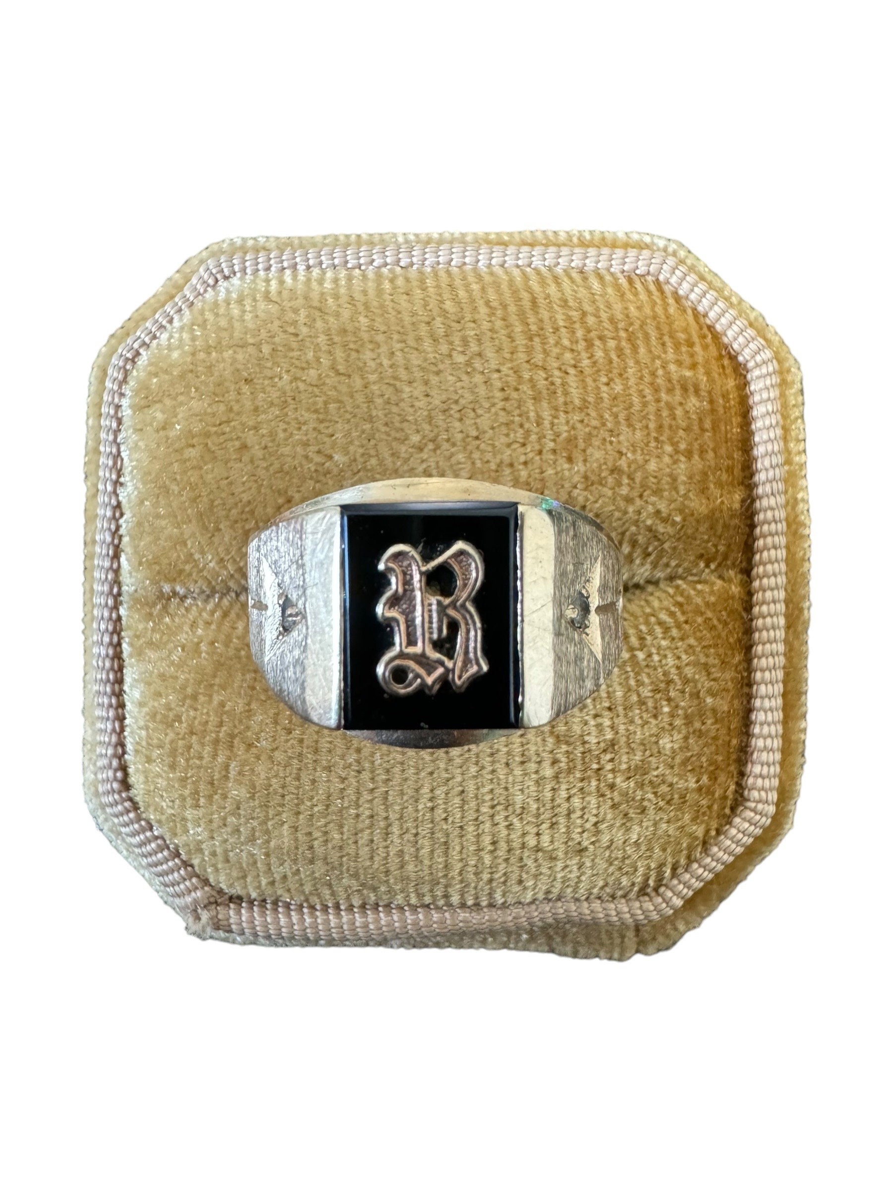 Letter R Signet Ring - Vintage 10k Gold - Onyx & Spinel Old