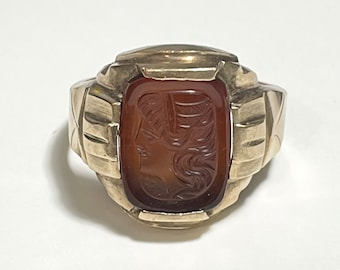 Genuine Carnelian Roman Intaglio Ring-Antique 10k Rose Gold- sz. 10 - Fine Statement Ring - Late 1930s/Early 1940s Art Deco/Retro era