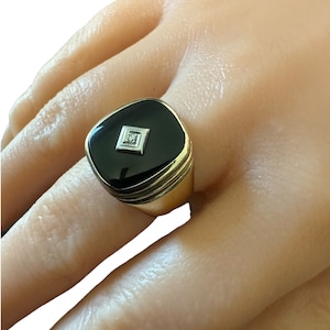 Onyx Signet Ring -Vintage 10k Gold - Retro Era - Genuine Onyx & Diamond Ring Sz. 8 - 1940s - Fine Statement Jewelry