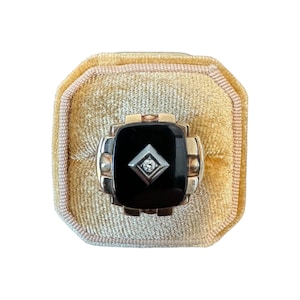Onyx Diamond Ring-Vintage 10k Two Tone Gold - Retro Era - Genuine Onyx & Diamond Ring Sz. 9 3/4 - 1940s - Fine Statement Jewelry