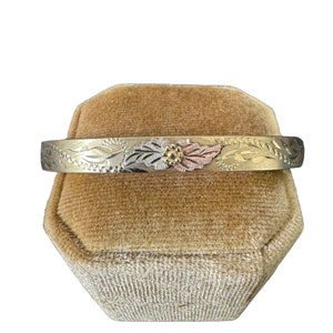 Vintage Flower Bangle - Retro 14K Gold Filled Floral Design 7 Inch Statement Bracelet - Circa 1960s Era Fashion Accesory Signed Jewelry