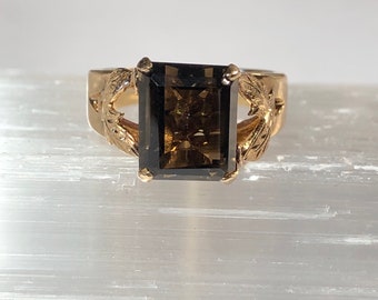 Smoky Quartz Ring - Vintage 14k Yellow Gold 3.79 CT Genuine Brown Gem Statement - Size 6  1970s Era Fine Jewelry