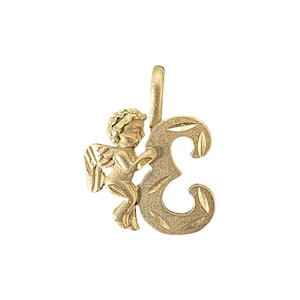 Pingente de sinete de querubim letra “E” - Pingente de querubim / anjo / anjo da guarda em ouro 10k - Vintage dos anos 1980 - Joias Michael Anthony