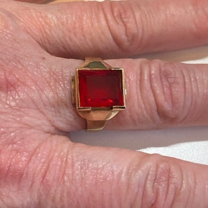 Simulated Ruby Ring Retro Era 10k Yellow Gold Red Glass Ring Sz. 11 Fine Signet Statement Jewelry image 8