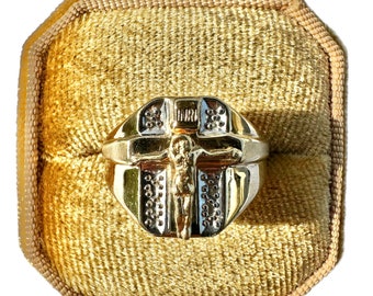 Vintage 10k Two Tone Gold - Mid Century Era  -  Classic Cross Jesus Crucifix INRI Ring Sz. 10 - 1960s/70s - Fine Statement Jewelry