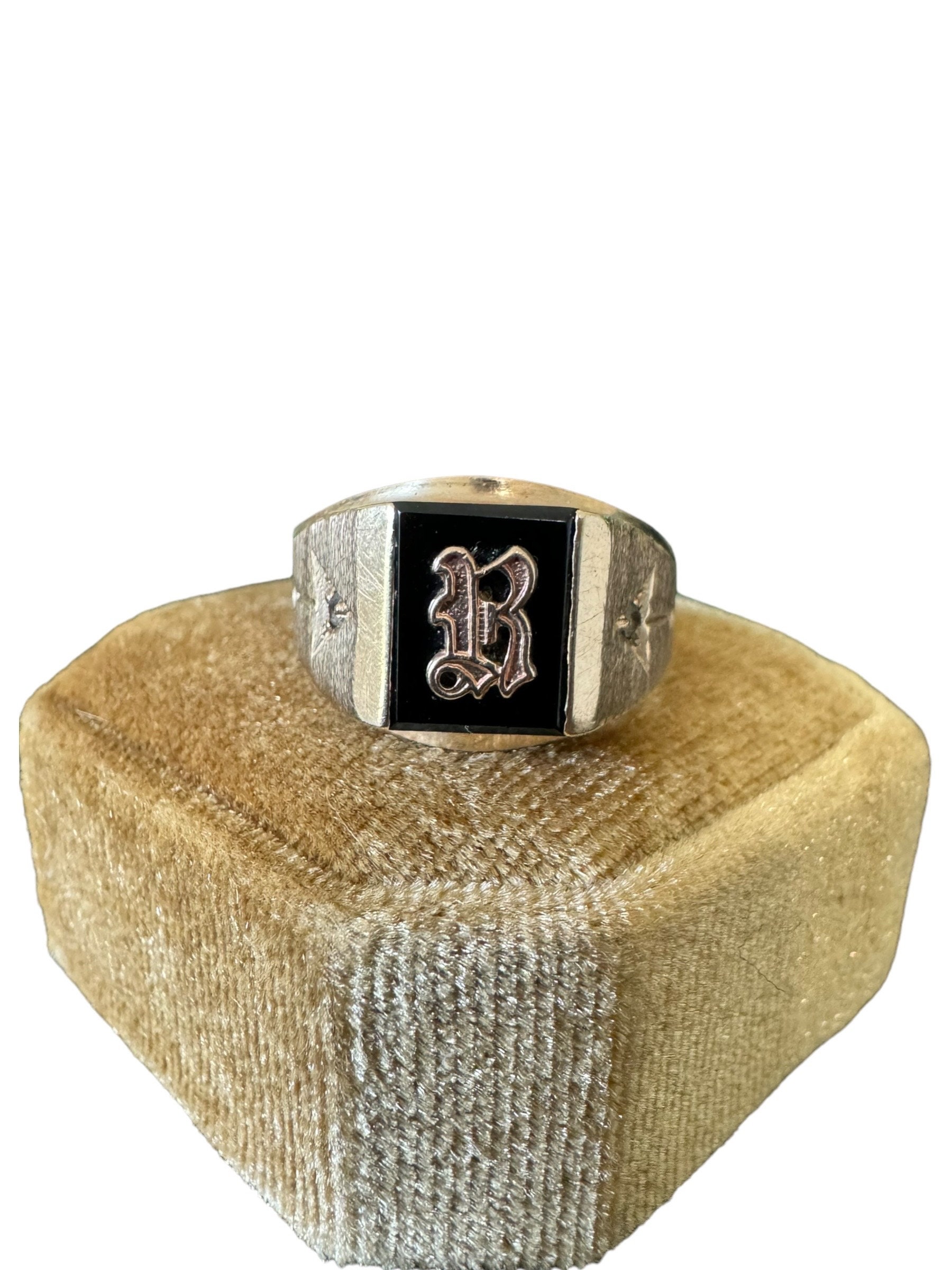 装飾的な彫刻入りK10 7号 Letter R Signet Ring - Vintage 10k Gold - Onyx & Spinel Old