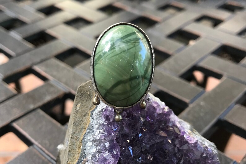 Unique Vintage Sterling Silver *signed Hecho en Mexico* Green jasper ring sz adjustable