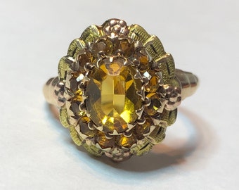 Vintage Buttercup Design Art Deco Two Tone 10k Gold Yellow Glass Paste Cluster Ring Sz. 8 1/4