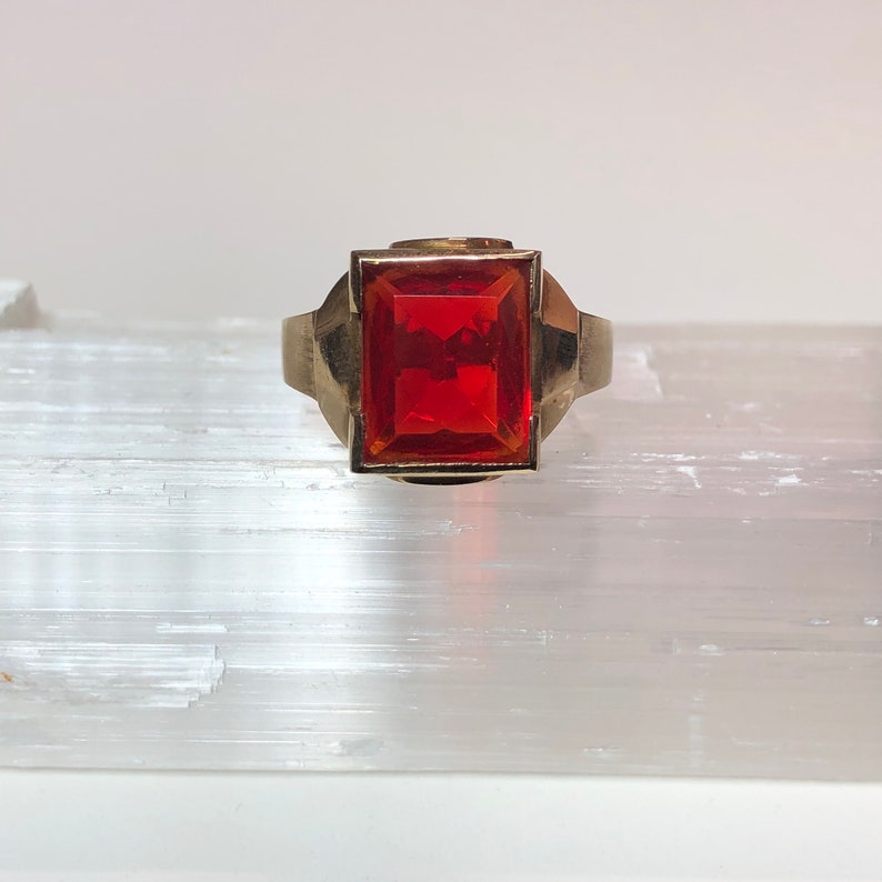 Simulated Ruby Ring Retro Era 10k Yellow Gold Red Glass Ring Sz. 11 Fine Signet Statement Jewelry image 1
