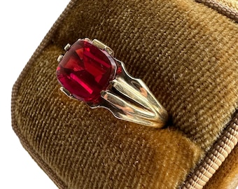 Vintage 10k Gold - Art Deco Era - Created Ruby Ring Sz. 9 - 1930s - Fine Statement Jewelry