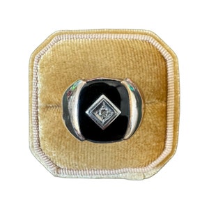 Onyx Signet Ring - Vintage 10k Gold - Retro Era - Genuine Onyx & Diamond Ring Sz. 9 3/4 - 1940s - Fine Statement Jewelry