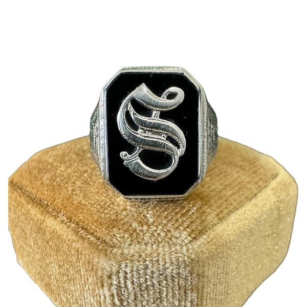 Letter S Signet Ring-10k White Gold - Art Deco Era - Genuine Onyx Old English Letter “S” Signet Ring Sz. 9 1/4 - Fine Statement Jewelry