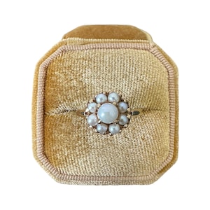 Anillo con halo de perla eduardiana: joyería fina antigua de oro de 10 quilates, talla 7 1/4