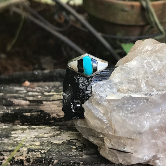 Vintage Native American Sterling Turquoise- Onyx-… - image 1