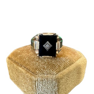 Onyx Diamond Signet Ring-Vintage 10k Gold - Retro Era - Genuine Onyx & Diamond Ring Sz. 10 3/4 - 1940s - Fine Statement Jewelry