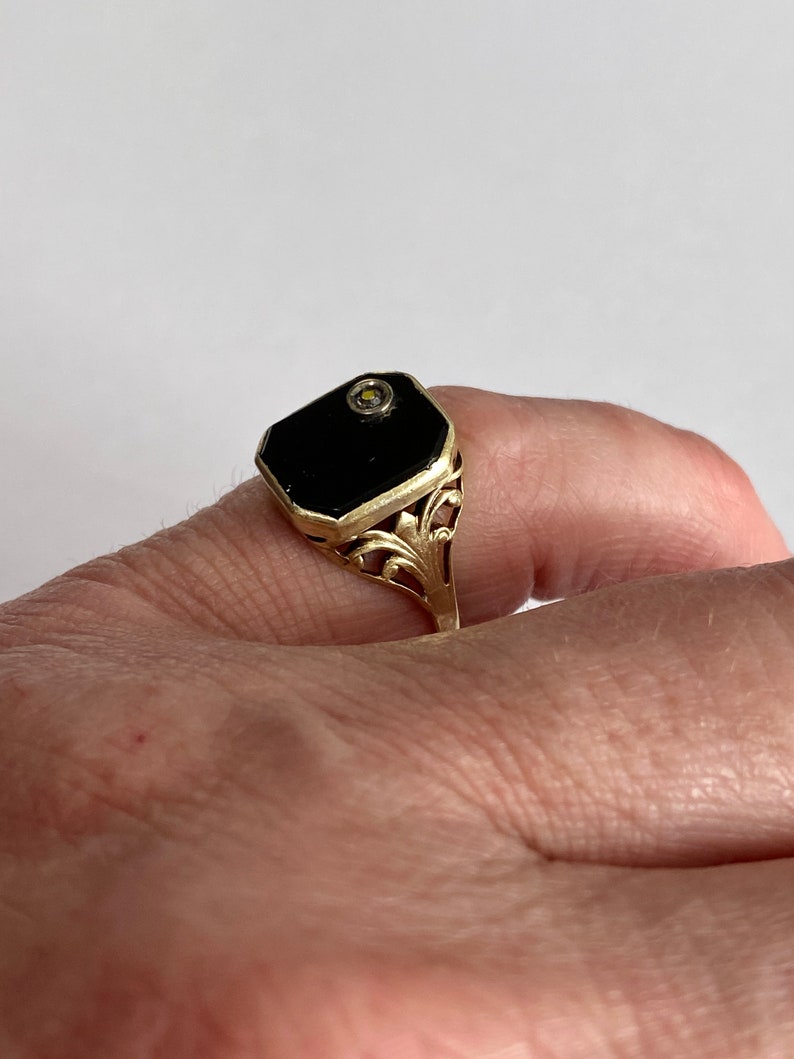 Vintage Onyx Ring Retro 14k Yellow Gold Genuine .03 CT Diamond Gemstone Circa 1940s Era Size 6 14 Black Fine Jewelry