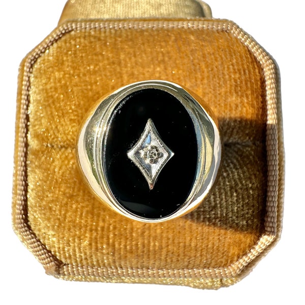 Onyx Diamond Signet Ring-Vintage 10k Gold - Retro Era - Genuine Onyx & Diamond Ring Sz. 10 3/4 - 1940s - Fine Statement Jewelry