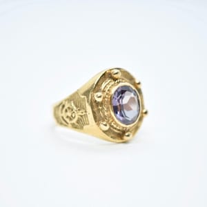 人工カラーチェンジサファイアリング - 18K ゴールド ノーティカル オーバルカット パープルブルー ジェムストーン 2.54 CT - ヴィンテージ 60 年代 サイズ 9.5