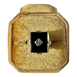 Onyx  Diamond Ring-Vintage 10k White Gold - Retro Era - Genuine Onyx & Diamond Ring Sz. 6 1/2 - 1940s - Fine Statement Jewelry
