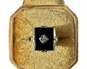 Onyx  Diamond Ring-Vintage 10k White Gold - Retro Era - Genuine Onyx & Diamond Ring Sz. 6 1/2 - 1940s - Fine Statement Jewelry