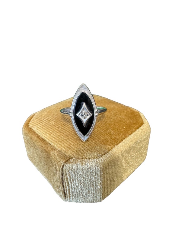 Onyx Diamond Ring-10k White Gold -Genuine Navette… - image 4